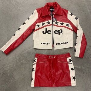 Jeep Red and White Star Jacket and Skirt Faux Leather